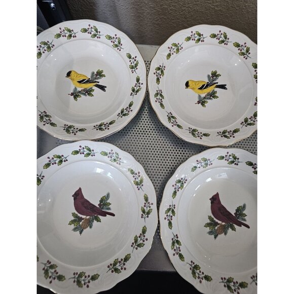 Gibson Songbirds Cardinals Goldfinch Set Of 4 Shallow Soup Bowls Vintage
